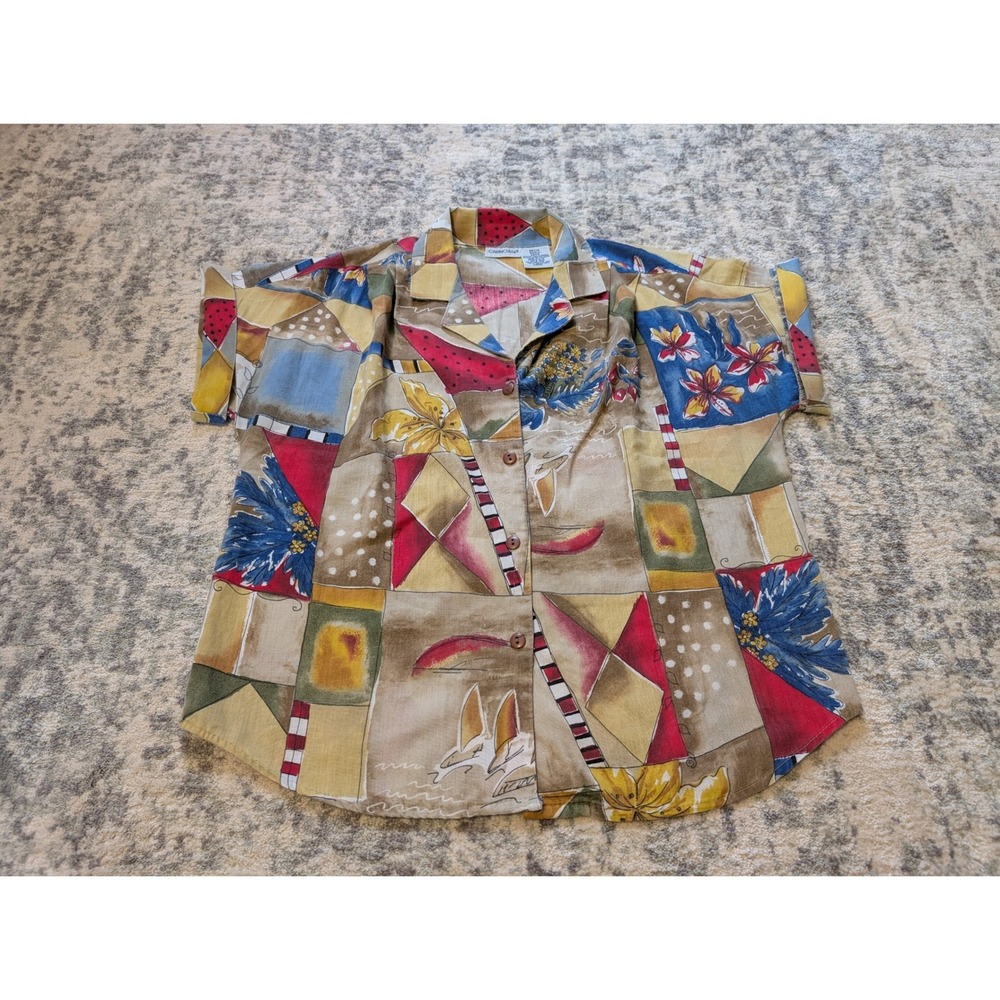 Cabin Creek VTG Tropical Patchwork Button Cotton Camp Shirt Y2K Blouse Petite Sm